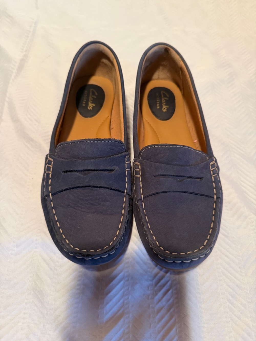 Clarks Artisan Women’s Navy Suede Penny Loafers with Contrast Stitching